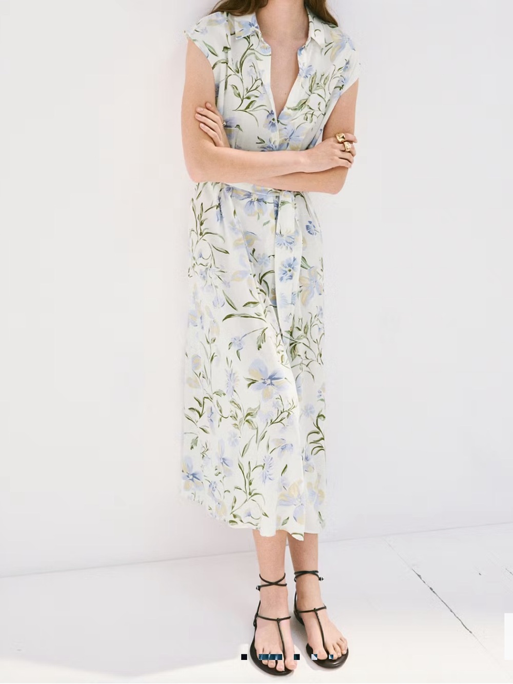 Mango White Floral Button-Front Maxi Dress with Blue and Yellow Blooms 9085